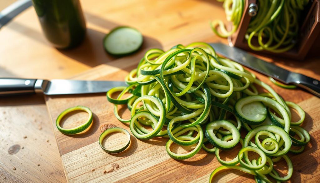 Préparation de courgette spaghetti