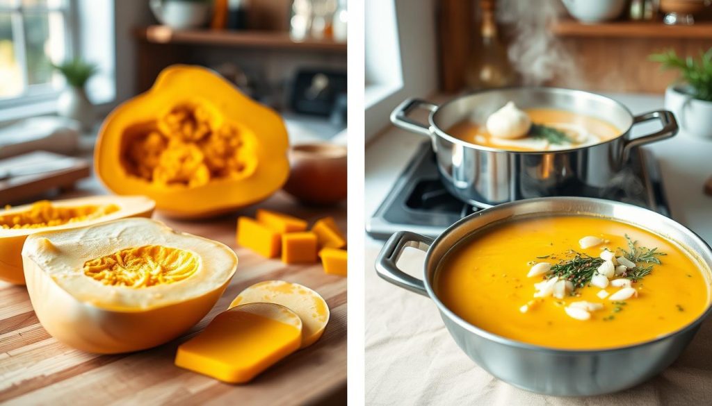 Préparation de la soupe butternut étape par étape