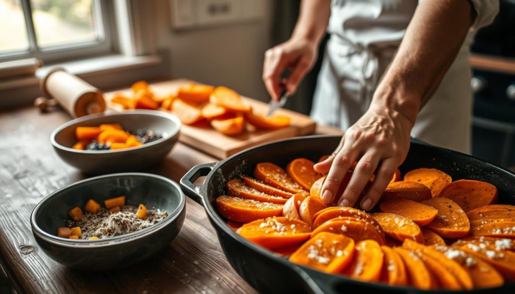 Préparation de la truffade aux patates douces