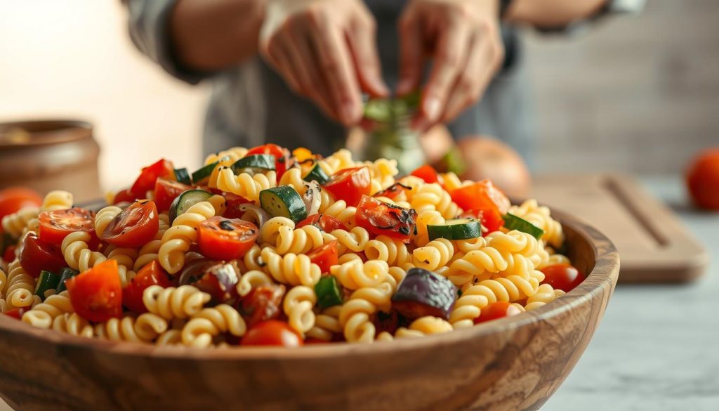 Préparation de salade de pâtes aux légumes