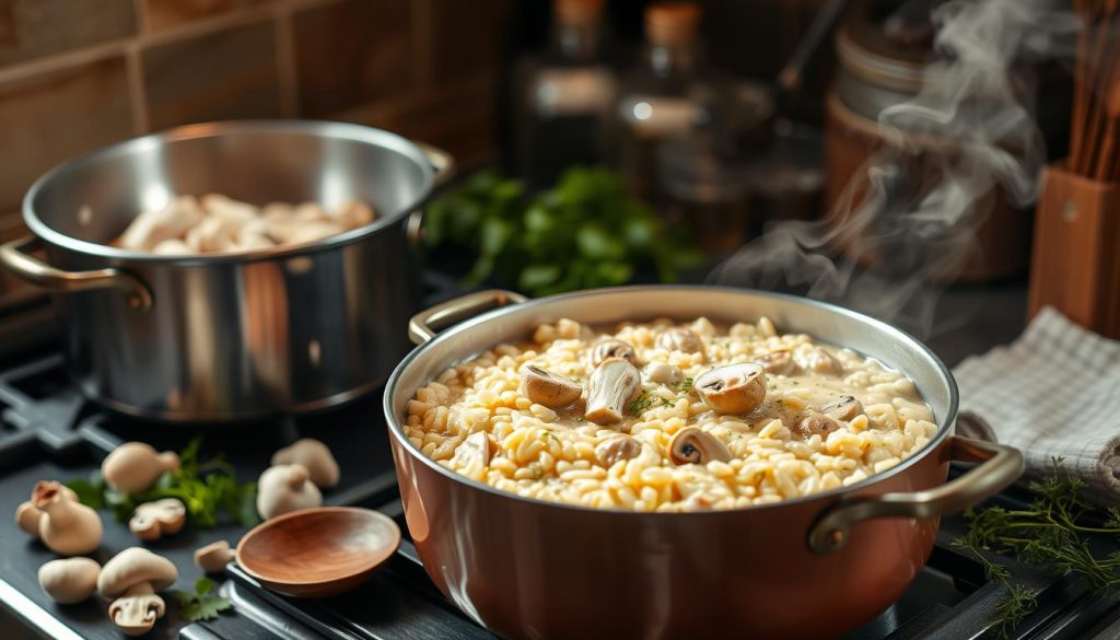 Préparation du risotto poulet champignon