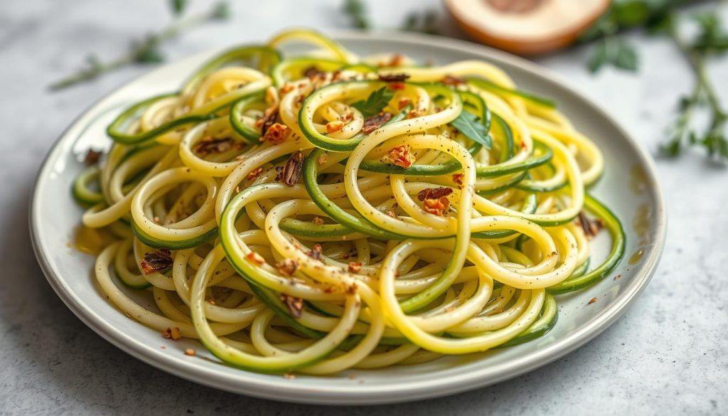 Tagliatelles de courgettes préparées avec des assaisonnements