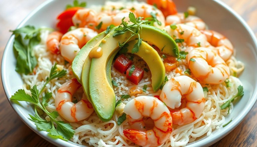 Assemblage salade vermicelles de riz crevettes avocat