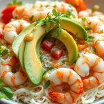 Assemblage salade vermicelles de riz crevettes avocat