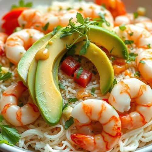 Assemblage salade vermicelles de riz crevettes avocat