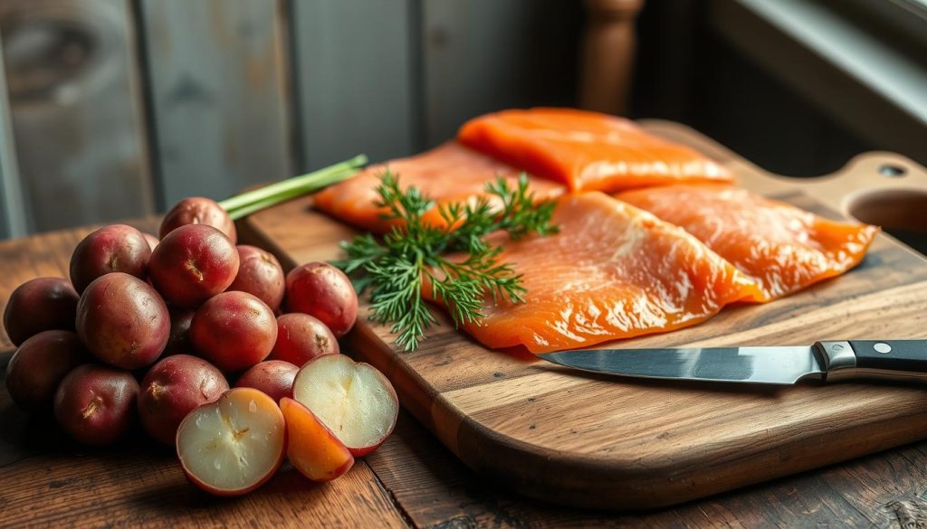 Ingrédients pour pommes de terre rôties et saumon fumé