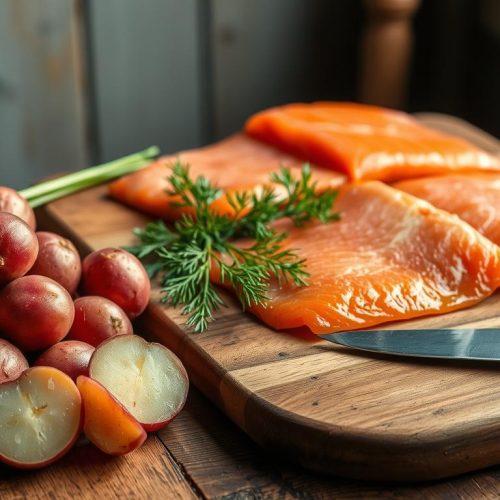 Ingrédients pour pommes de terre rôties et saumon fumé