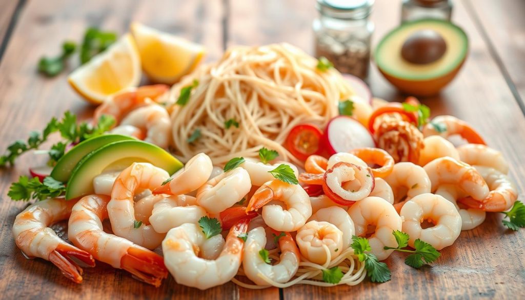 Ingrédients pour salade de vermicelles aux fruits de mer