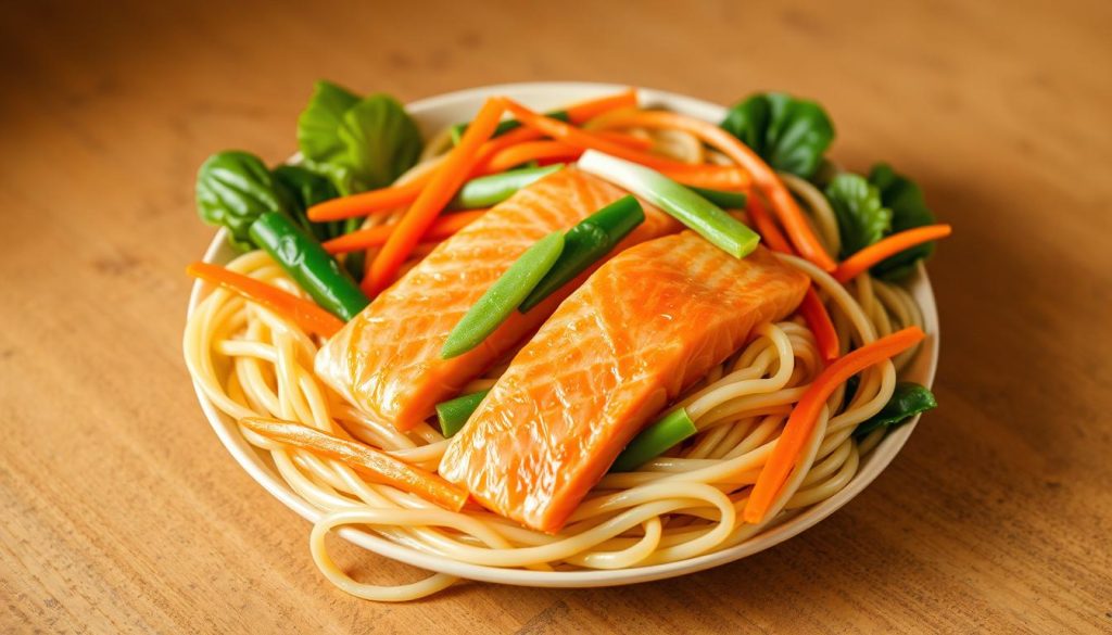 Nouilles chinoises au saumon et légumes