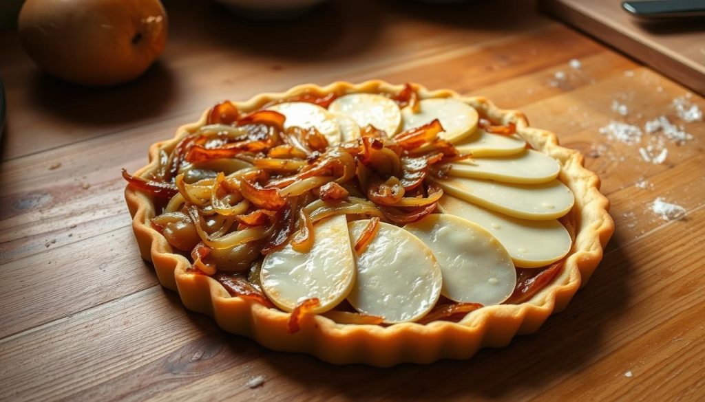 Préparation de la tarte aux oignons et Maroilles