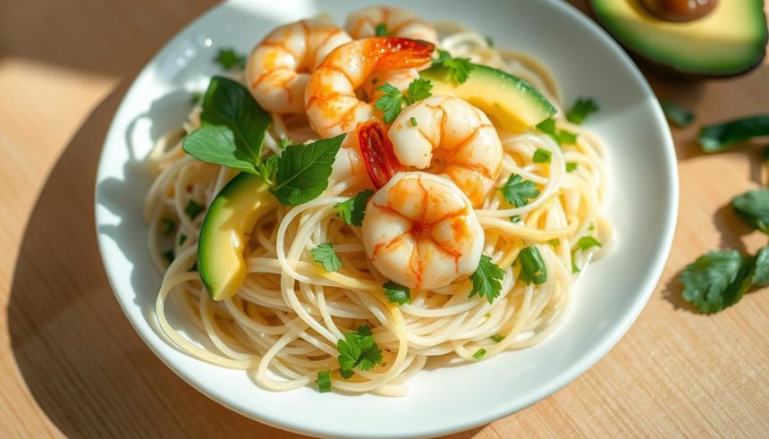 Une salade de vermicelles de riz, crevettes et avocat