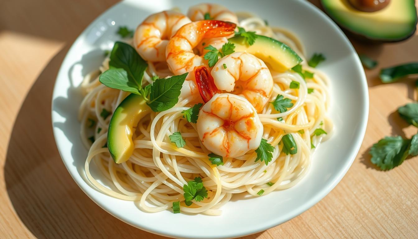 Une salade de vermicelles de riz, crevettes et avocat
