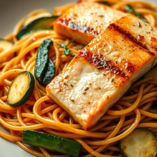 nouilles chinoises accompagnées de courgette et saumon