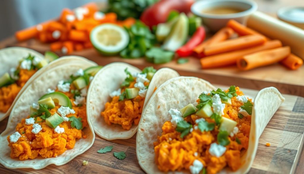 Assemblage de tacos végétariens à la patate douce Assemblage de tacos végétariens à la patate douce