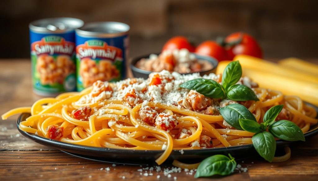 Assemblage des pâtes au thon avec parmesan et basilic