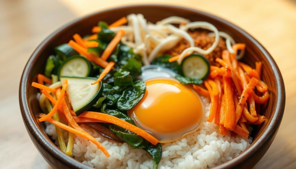 Bibimbap coréen aux légumes croquants servi traditionnellement
