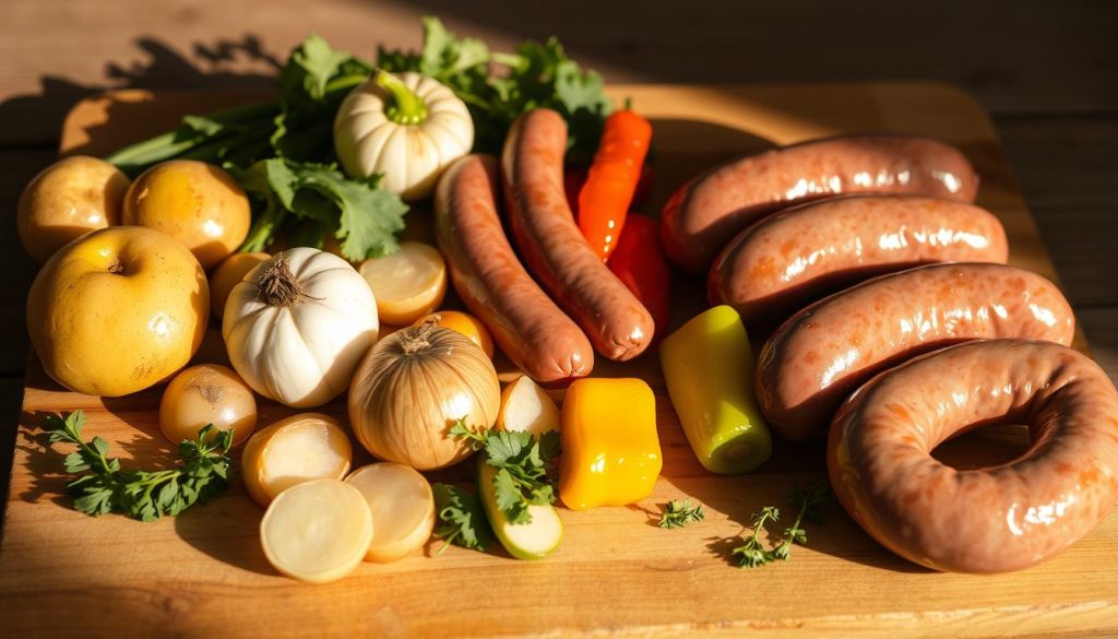 Disposition des saucisses et légumes avant cuisson