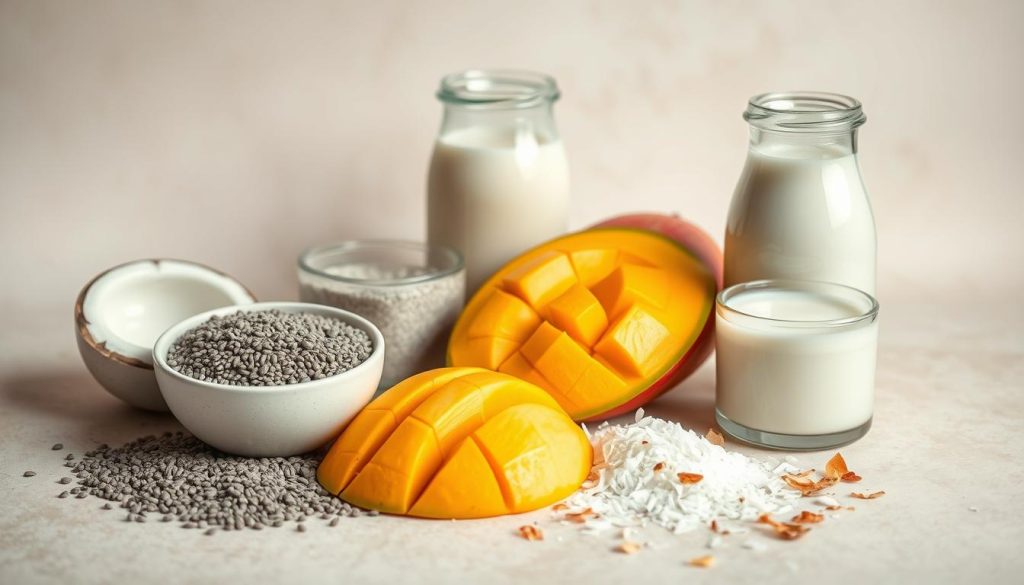 Ingrédients pour chia pudding lait de coco et mangue