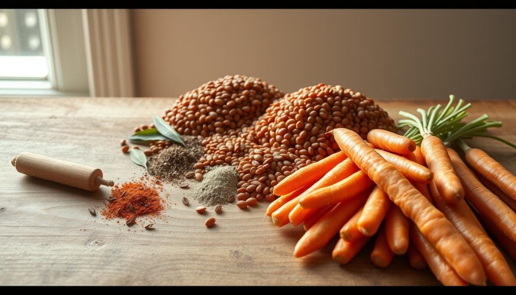 Ingrédients pour lentilles corail et carottes