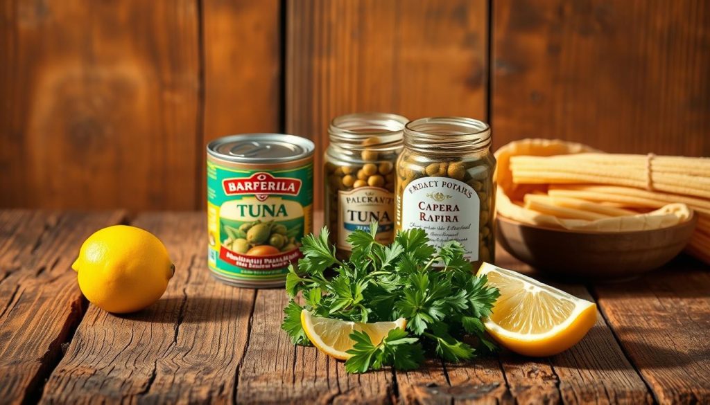 Ingrédients pour pâtes au thon et câpres