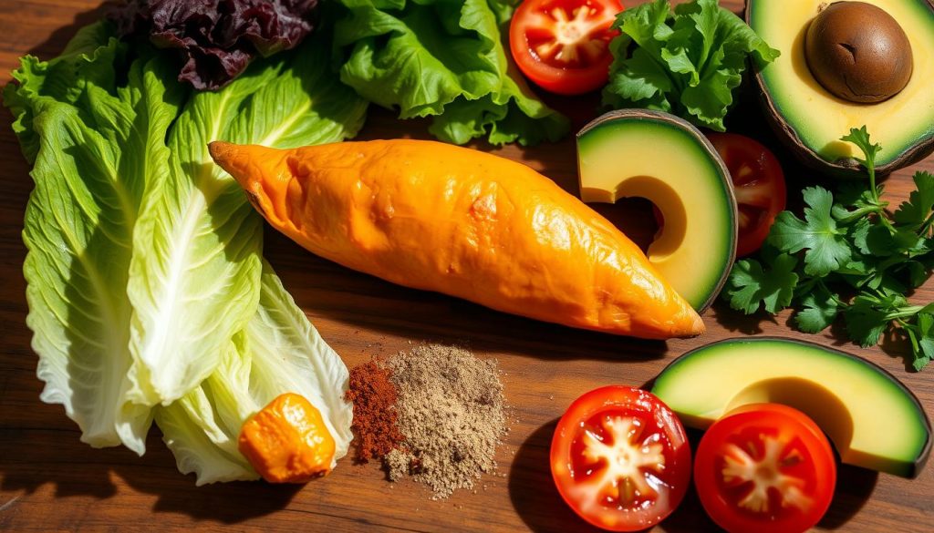 Ingrédients pour tacos végétariens à la patate douce Ingrédients pour tacos végétariens à la patate douce