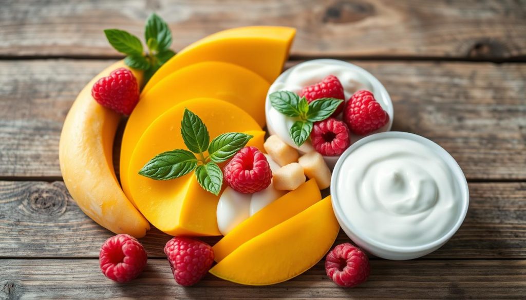 Ingrédients smoothie bowl mangue-framboise