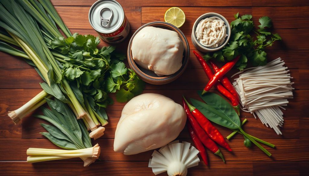 Ingrédients soupe thaï poulet et noix de coco