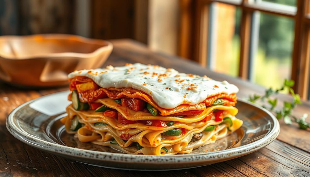 Montage des lasagnes aux légumes et tofu soyeux