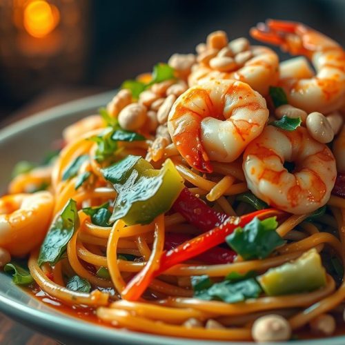 Pad Thaï aux crevettes et cacahuètes cuisine thaïlandaise