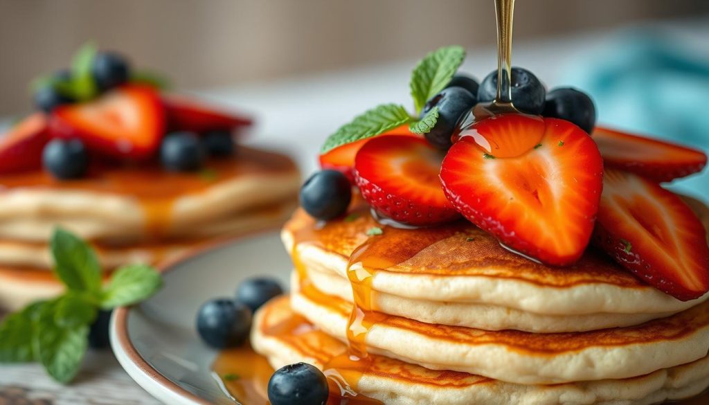 Pancakes garnis de fruits frais et sirop