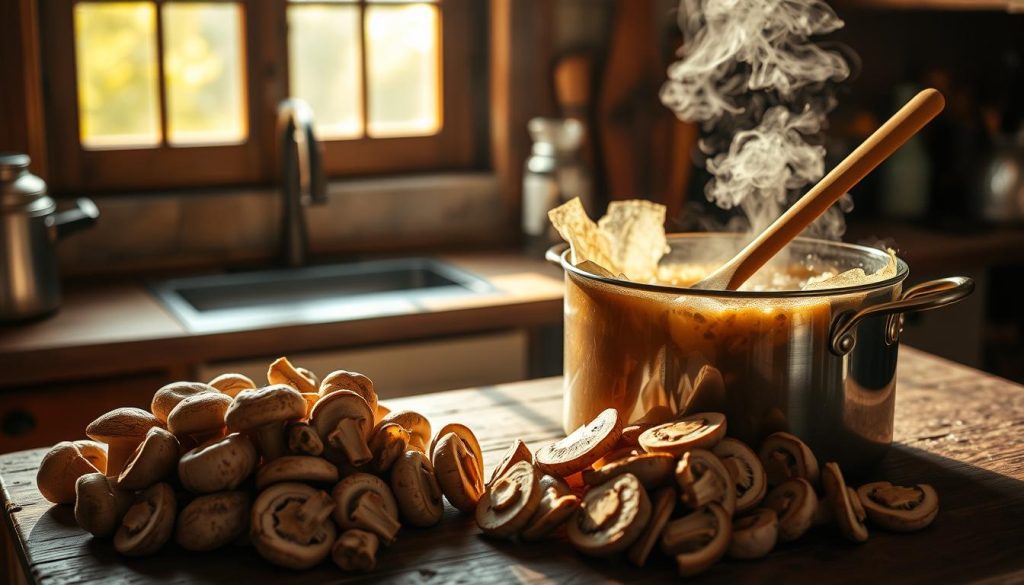 Préparation de bouillon de champignons pour risotto gourmand