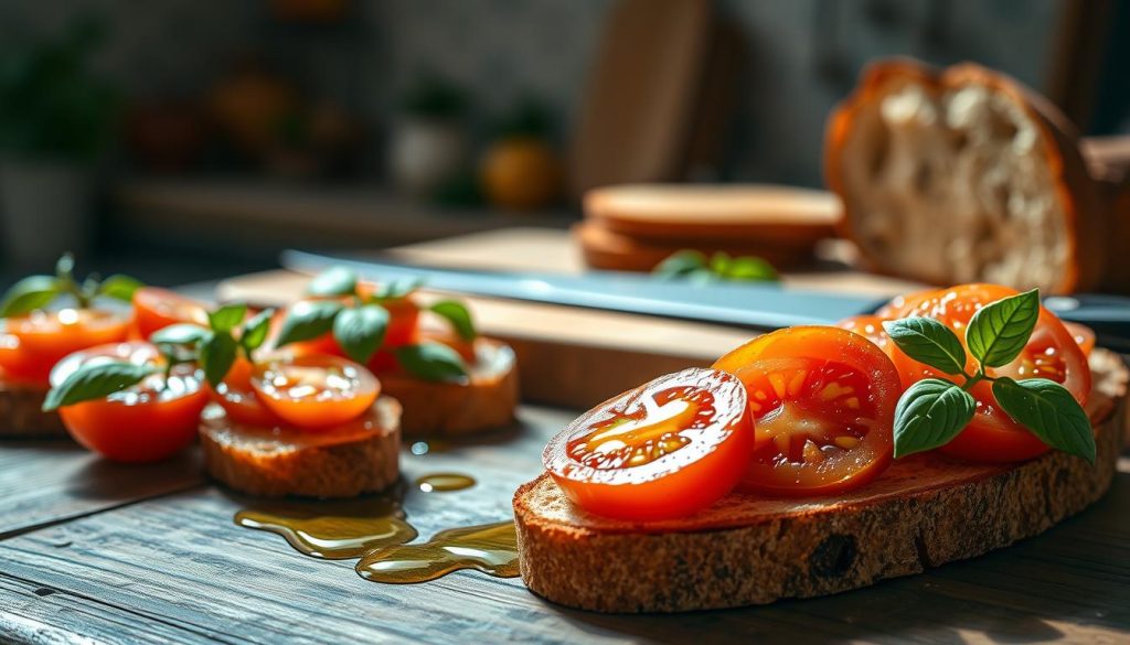 Préparation de bruschetta avec tomates fraîches Préparation de bruschetta avec tomates fraîches