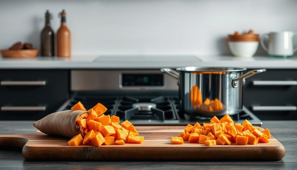 Préparation de la patate douce pour velouté