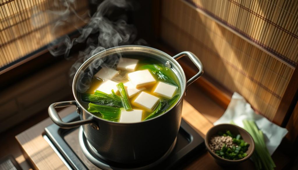 Préparation de la soupe miso aux algues et tofu Préparation de la soupe miso aux algues et tofu