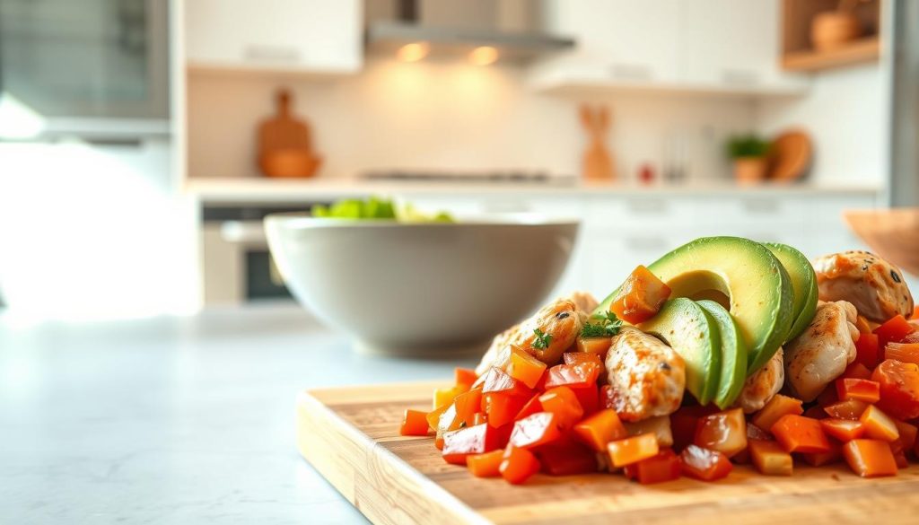 Préparation de poke bowl au poulet mariné halal