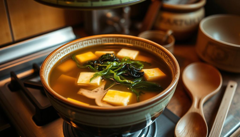 Préparation de soupe miso aux algues et tofu Préparation de soupe miso aux algues et tofu