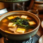 Préparation de soupe miso aux algues et tofu