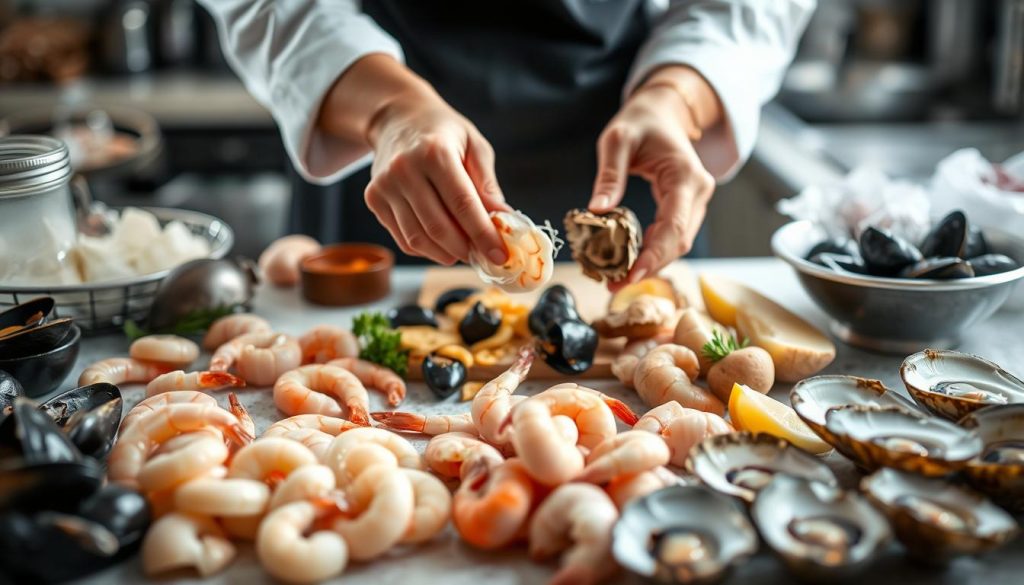 Préparation des fruits de mer pour gratin