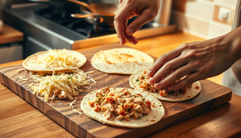 Préparation des quesadillas au thon et fromage halal