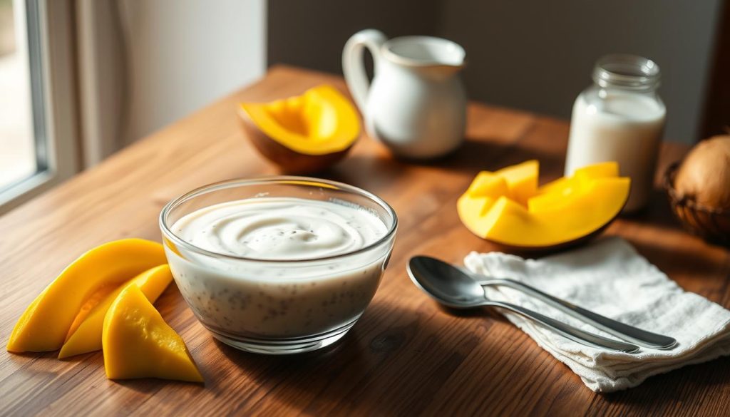 Préparation du chia pudding lait de coco et mangue