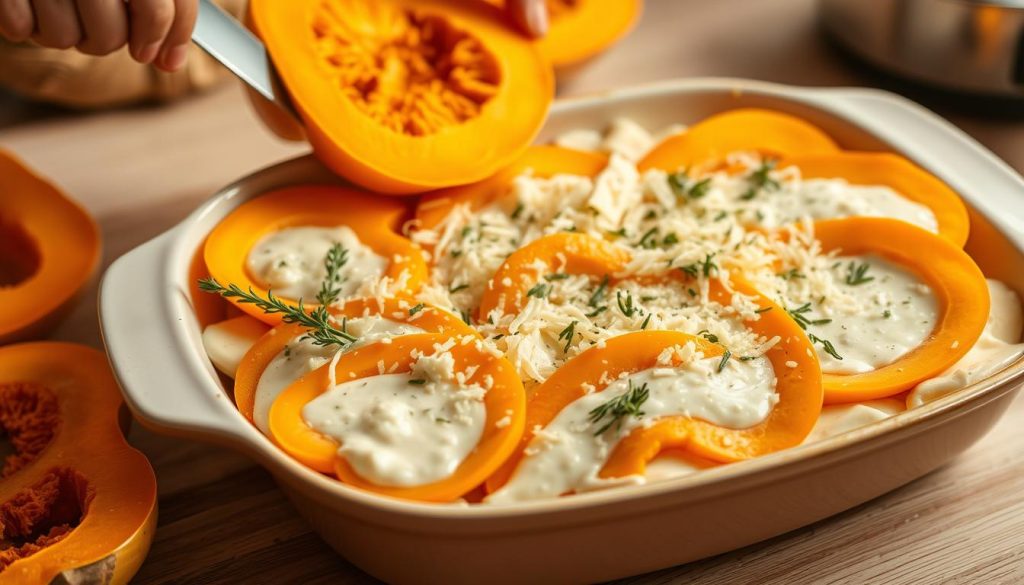 Préparation du gratin de courge butternut