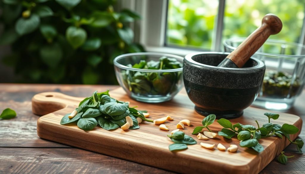 Préparation du pesto d'épinards maison