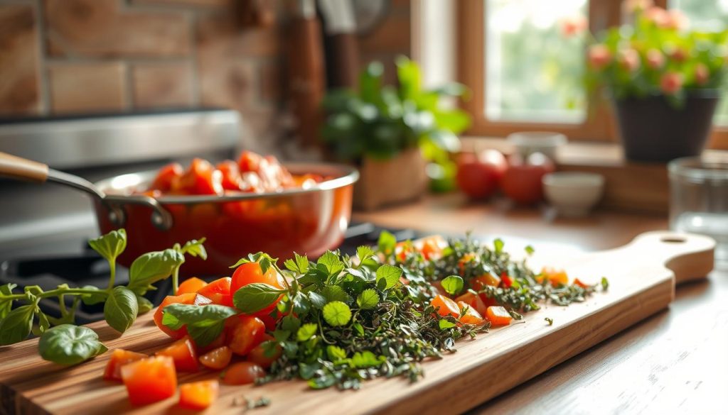 Préparation sauce tomate aux herbes