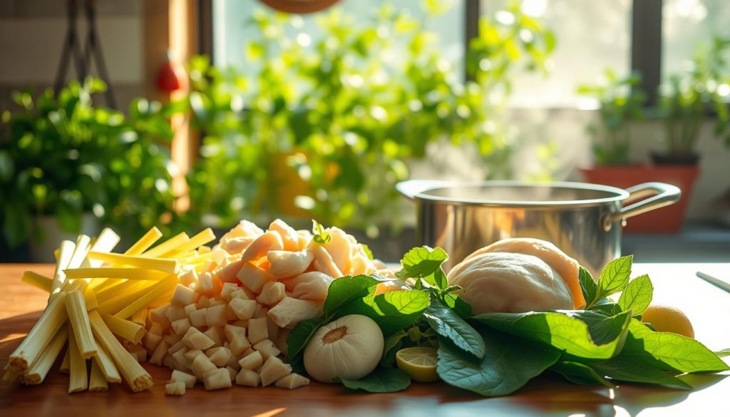 Préparation soupe thaï au poulet