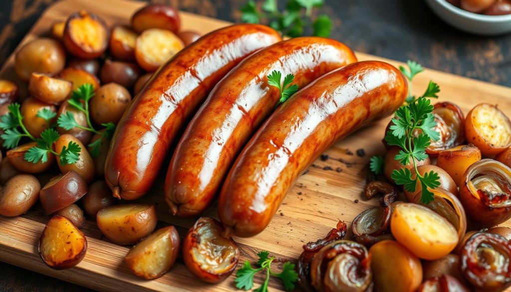 Présentation de saucisses au four avec garnitures