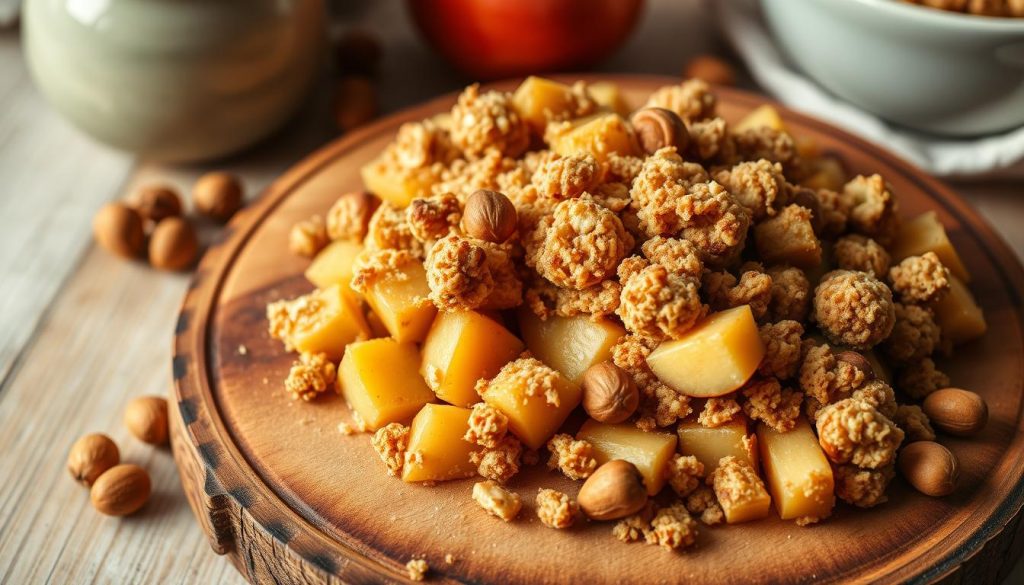 Présentation élégante de crumble aux pommes et noisettes Présentation élégante de crumble aux pommes et noisettes