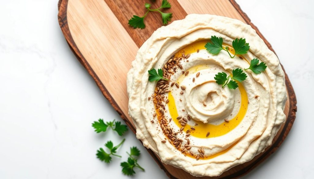 Présentation élégante de houmous au cumin