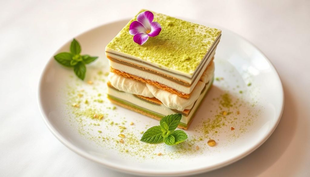Présentation élégante du tiramisu au matcha