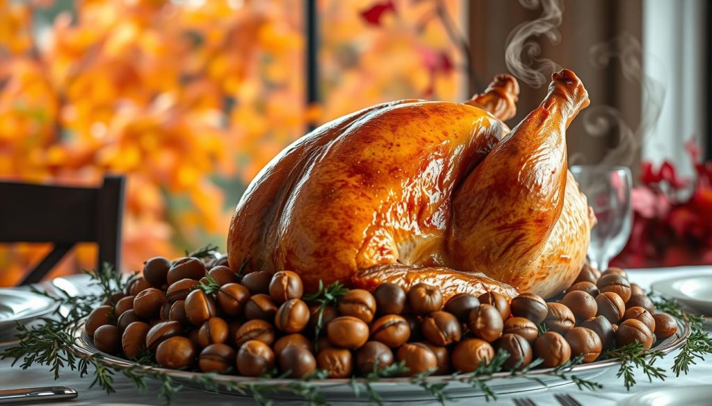 Présentation festive de la dinde aux marrons Présentation festive de la dinde aux marrons