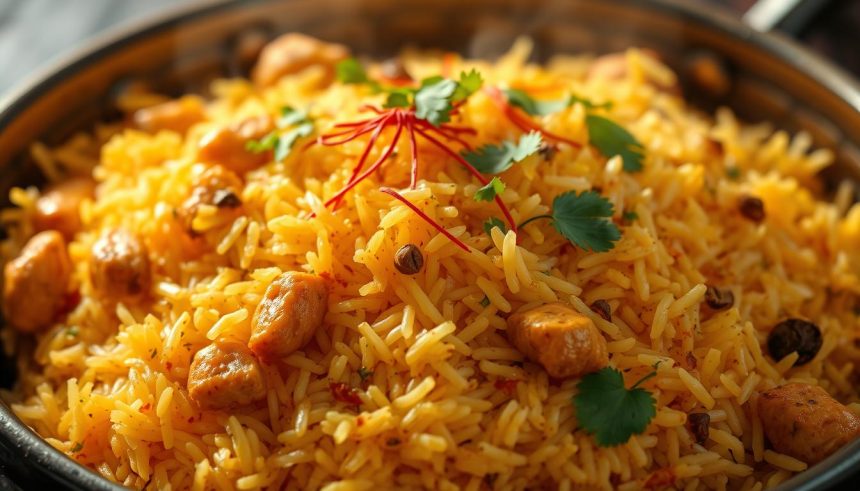 Riz biryani indien au poulet halal traditionnel